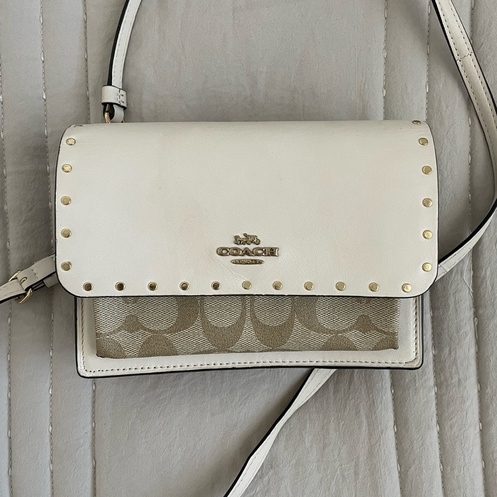 Coach Tan and White Crossbody Bag with Flap Closure